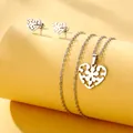 Detail view of silver stainless steel heart necklace and matching stud earrings set - Patterned Heart Style (TZ-425)