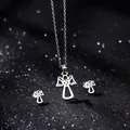 Close-up of a minimalist stainless steel angel necklace and earring set on a black background - Abstract Angel Style (TZ-447)