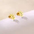 Detailed view of golden stainless steel leaf earrings with polished metal surface and stud back - Plant Leaf Shape (SD25)