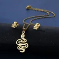Detail of gold snake pendant necklace and stud earrings set on blue textured surface - Hollow Snake Style (TZ-145 Gold)