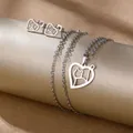 Polished stainless steel jewelry set featuring hollow heart and cat pendant and stud earrings - Cat Heart (TZ-477)