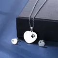 Detailed view of stainless steel heart necklace and matching paw print stud earrings - Paw Print Heart Style (TZ-123)