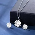 Detailed view of silver stainless steel daisy pendant necklace and matching stud earrings - Daisy Style (TZ-125)