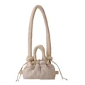 Creamy white quilted puffy handbag with drawstring closure and long padded straps - Off White