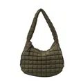Quilted cloud shoulder bag in olive green with puffy down texture and thick strap - Army Green