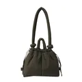Quilted nylon shoulder bag in dark green featuring padded drawstring and knot detail - Army Green