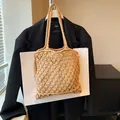 Beige hand-woven bohemian fishnet tote bag with fringe tassels for summer beach vacation - Khaki