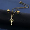 Golden stainless steel jewelry set featuring classic key-shaped necklace and stud earrings - Key Shape Style (TZ-143 Gold)