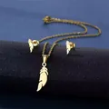 Three-piece gold feather jewelry set featuring an O-chain necklace and matching stud earrings - Feather Shape Style (TZ-153 Gold)