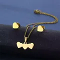 Golden stainless steel jewelry set featuring triple heart pendant necklace and stud earrings - Triple Hearts Style (TZ-154 Gold)