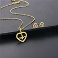 Golden heart-shaped jewelry set with heartbeat pattern on stainless steel chain - ECG Heart Style (TZ-270 Gold)