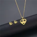 Gold stainless steel jewelry set featuring heart crown pendant necklace and earrings - Crown Heart Style (TZ-277 Gold)