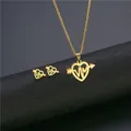 Golden stainless steel jewelry set with heart, arrow, and heartbeat line pattern - Arrow Through Heart Style (TZ-280 Gold)