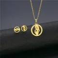 Golden stainless steel jewelry set featuring a circular silhouette prayer pendant and earrings - Praying Silhouette Style (TZ-283 Gold)