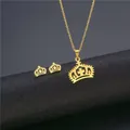 Golden stainless steel jewelry set featuring hollow crown pendants and matching earrings - Crown Cross Style (TZ-285 Gold)
