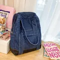 Dark blue denim canvas tote bag with black splicing base and spacious side zip pockets - Dark Blue