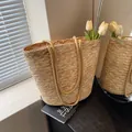 Borsa tote francese in paglia intrecciata color naturale con doppi manici in corda - Stile con cerniera