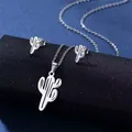 Silver stainless steel cactus necklace and earrings set with cutout design - Cactus Style (TZ-198)