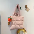 Quilted light pink puffer tote bag with plush charm and dual handles for women - With Pendant / Pink
