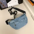 Blue washed denim waist bag with adjustable black strap and silver zippers - Light Blue
