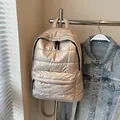 Champagne gold quilted puffer backpack with metallic waterproof finish and large capacity - Khaki