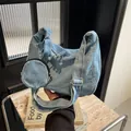Light blue denim tote bag with matching round coin purse and adjustable strap - Light Blue
