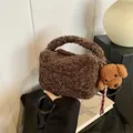 Brown plush bucket bag with teddy charm, fuzzy faux shearling crossbody for winter - Without Pendant / Brown