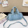 Light blue denim cylinder handbag for kids with double handles and detachable strap - Light Blue