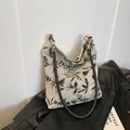 New Chinese style floral embroidery canvas shoulder bag with black leather strap detail - Gray