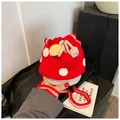 Borsa fungo fatta a mano all'uncinetto con cappello a pois rossi e coulisse intrecciate - Fungo Piccolo
