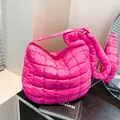 Fashionable bright pink quilted puffer shoulder bag with large cloud-style padding - Rose Red