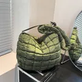 Chic olive green quilted cloud bag with puffy texture and adjustable shoulder strap - Green