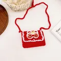 Borsa a tracolla rossa fatta a mano all'uncinetto con motivo danza del leone per bambini - Rosso