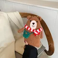 Handmade brown crochet bear bag with red striped scarf and green mini shoulder strap - Tan