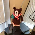 Handmade crochet bear bag in dark brown with a striped scarf and green pouch - Dark Coffee