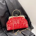 Red vintage bridal evening bag with golden dragon embroidery and metal handle clasp - Red
