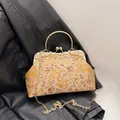 Golden vintage Chinese embroidery handbag with dragon pattern and metal chain strap - Gold