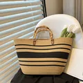 French straw tote bag with black stripes and bamboo handles for summer beach vacations - Striped Brown