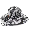 Cotton camouflage bucket hat with wide brim and adjustable chin strap for outdoors - M (56-58cm) / Black White Grey Camo