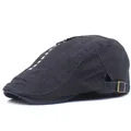 Béret noir pour homme en coton avec boucles latérales et bande décorative lettrée - Gris