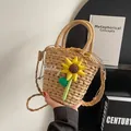 Straw bucket bag with yellow sunflower and Goodday script embroidery in natural beige - Khaki
