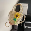 Beige straw bucket bag with sunflower decor and Goodday text, crossbody style - Off White
