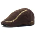 Brown cotton flat cap with zigzag stitching and silver metal logo for men and women - Adjustable / Coffee