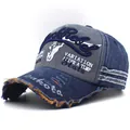 Berretto vintage blu navy e grigio con bordi consumati e dettagli ricamati di classe - Regolabile / Falda Navy Cima Grigio