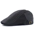 Detail view of cotton flat cap featuring diamond quilting and bronze metal adjustment buckle - Adjustable / Dark Gray