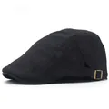 Breathable black beret flat cap with embossed texture and adjustable brass side buckle - Adjustable / Black