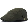 Close-up of olive green flat cap with bubble embossed texture and bronze metal buckle - Adjustable / Army Green