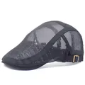 Detail of breathable black mesh flat cap with bronze metal adjustable side buckle - Adjustable / Gray