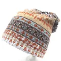 Bohemian floral knit slouchy beanie hat for women with brown and blue geometric patterns - M (56-58cm) / Beige