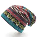 Colorful Bohemian knit beanie with geometric patterns for winter and autumn wear - M (56-58cm) / Red